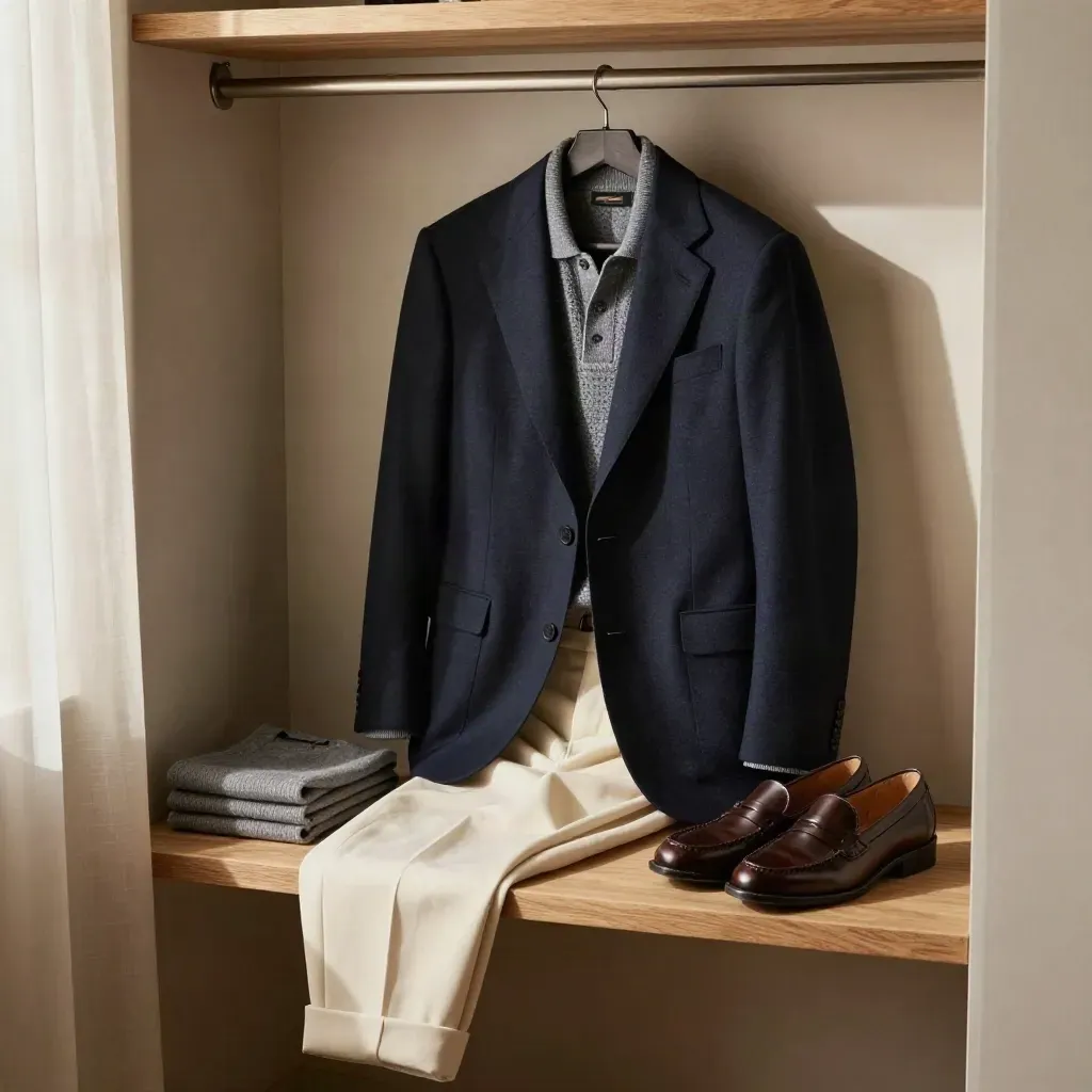 Färdig klädlook i ljus garderobsnisch med navy blazer, cream byxa, stickad polo och loafers.