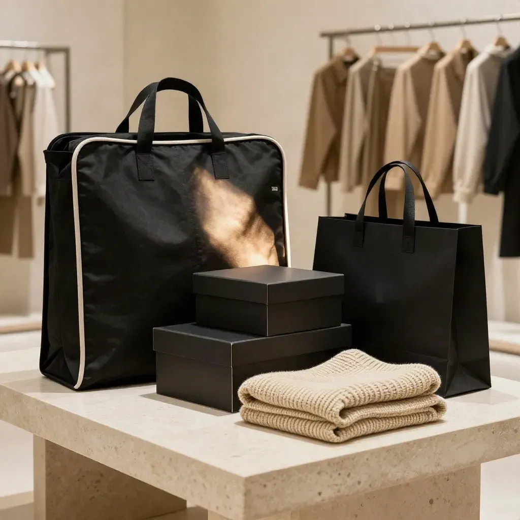 Shoppinghjälp med svart garment bag, skokartonger, stickad tröja och tote på stenbänk i butiksljus.