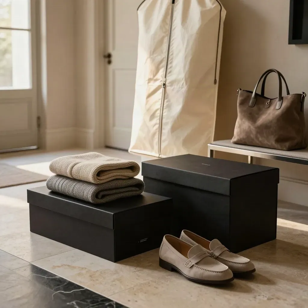 Shoppinghaul i en ljus entré med svarta lådor, garment bag och neutrala plagg i kvällsljus.