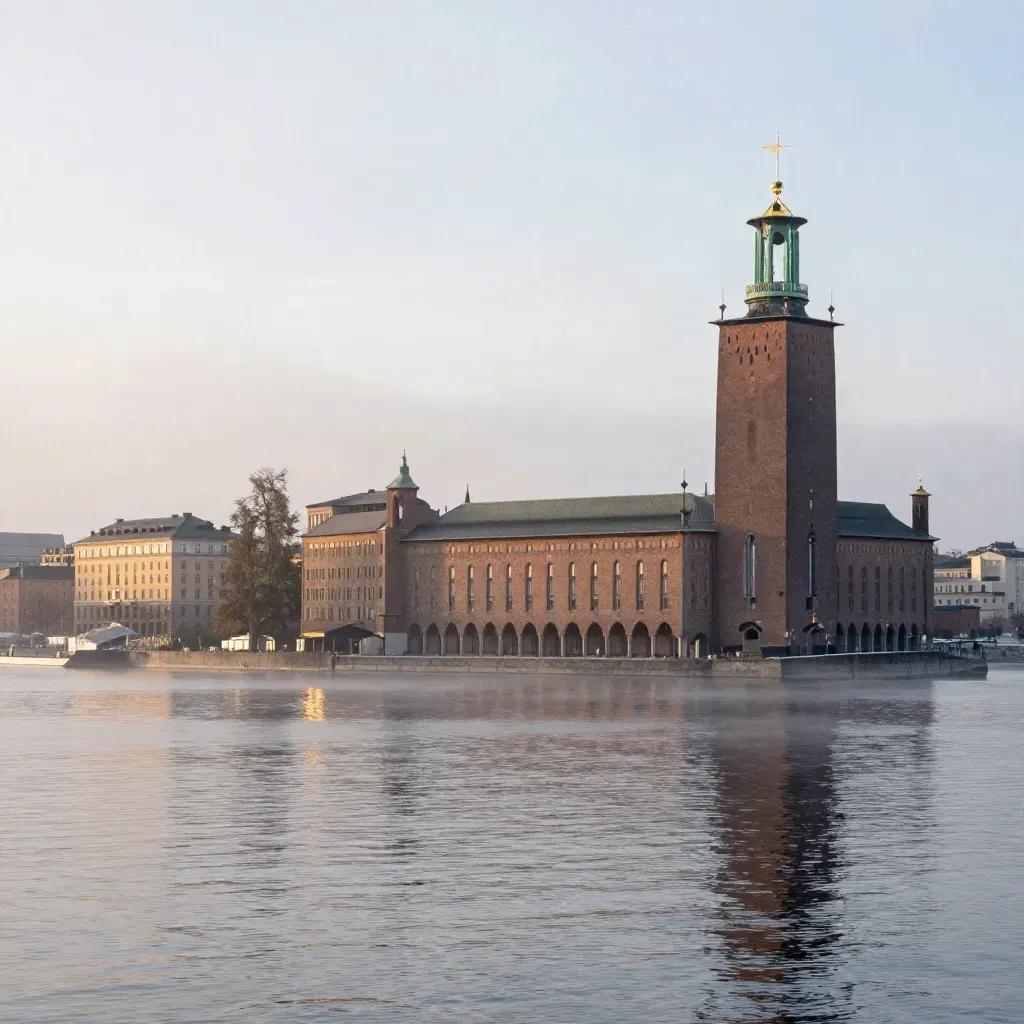 Stockholm stadshus och Gamla stan över lugnt vintervatten i gryning med dimma.