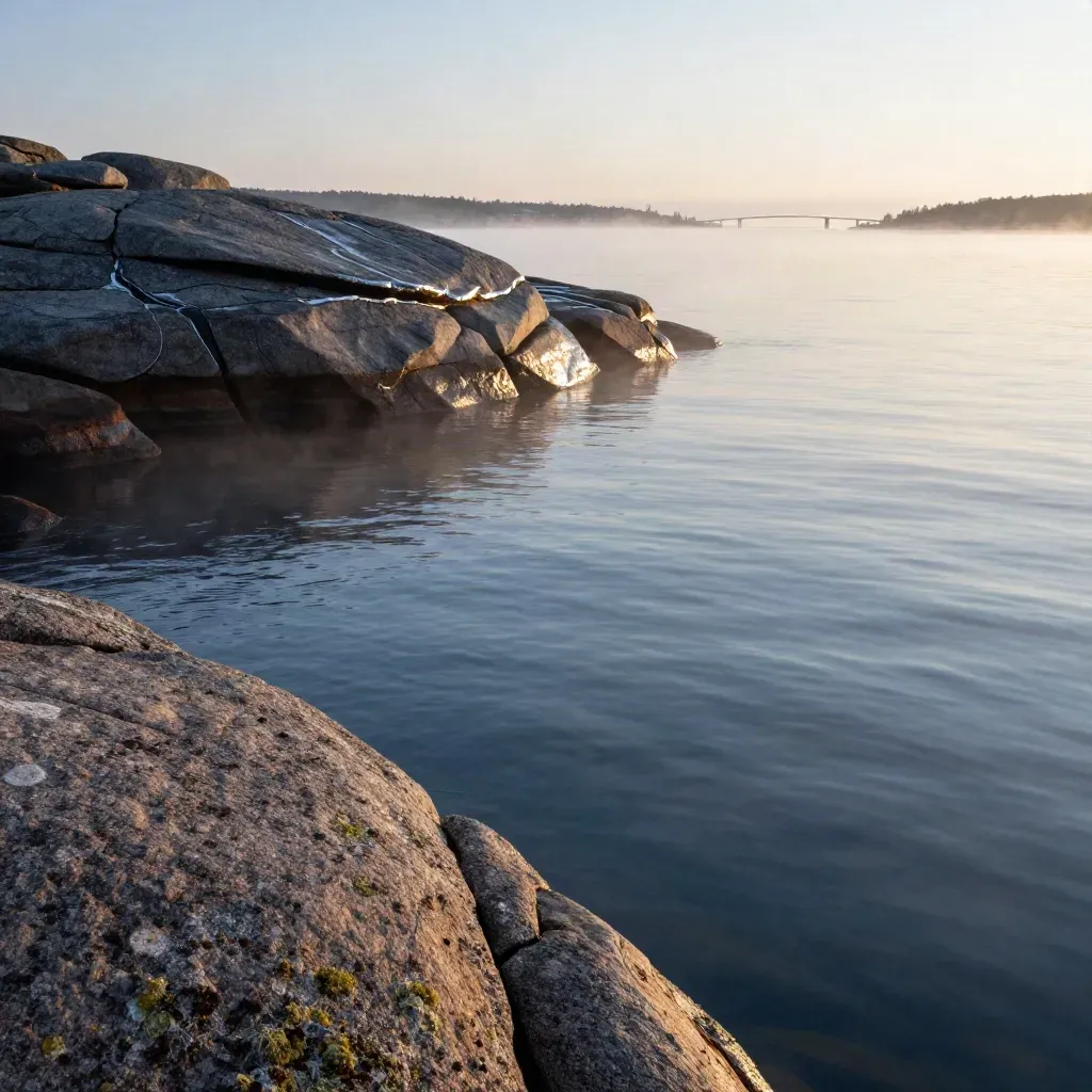 Granitkust vid Göteborg med dimmig havsyta och en avlägsen bro i horisonten.