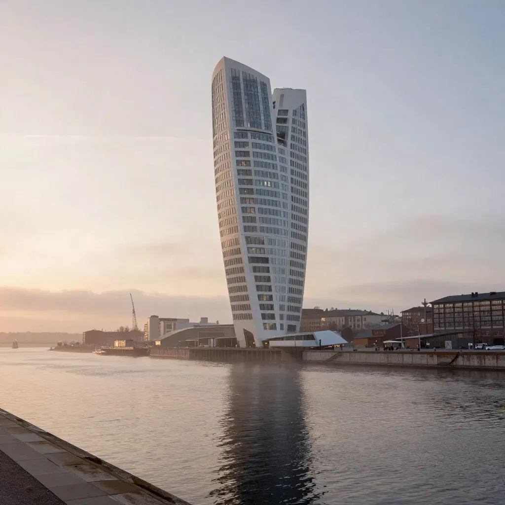 Turning Torso över Malmös vatten i varm skymning med mjuk rosa himmel och stilla horisont.
